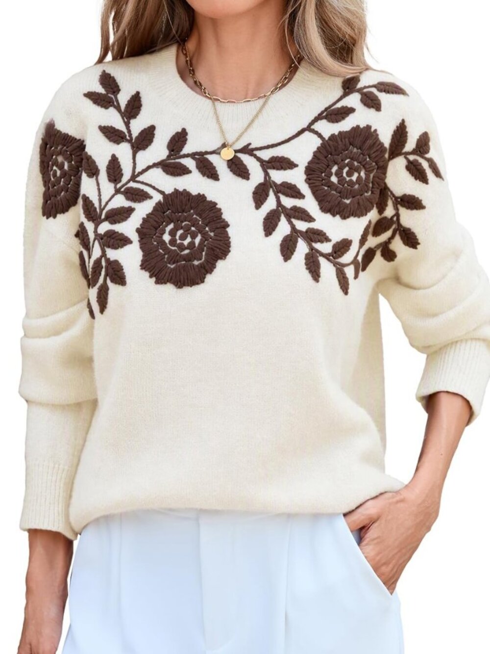 Womens Crew Neck Floral Embroidery Sweater Long Sleeve Knit Top